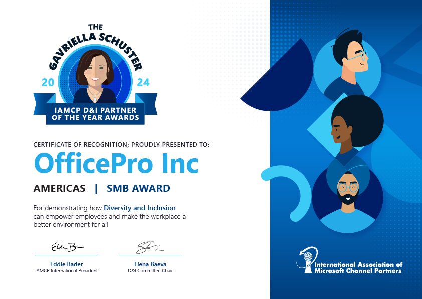 A certificate of recognition for OfficePro Inc.